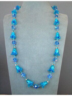 Vendome Blue Bell Flower Glass Necklace 24"